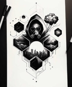 lined-mask – tattoo design ideas free ai generated – realism-high-contrast – for-knee – Gallery: masks-inkby-ai