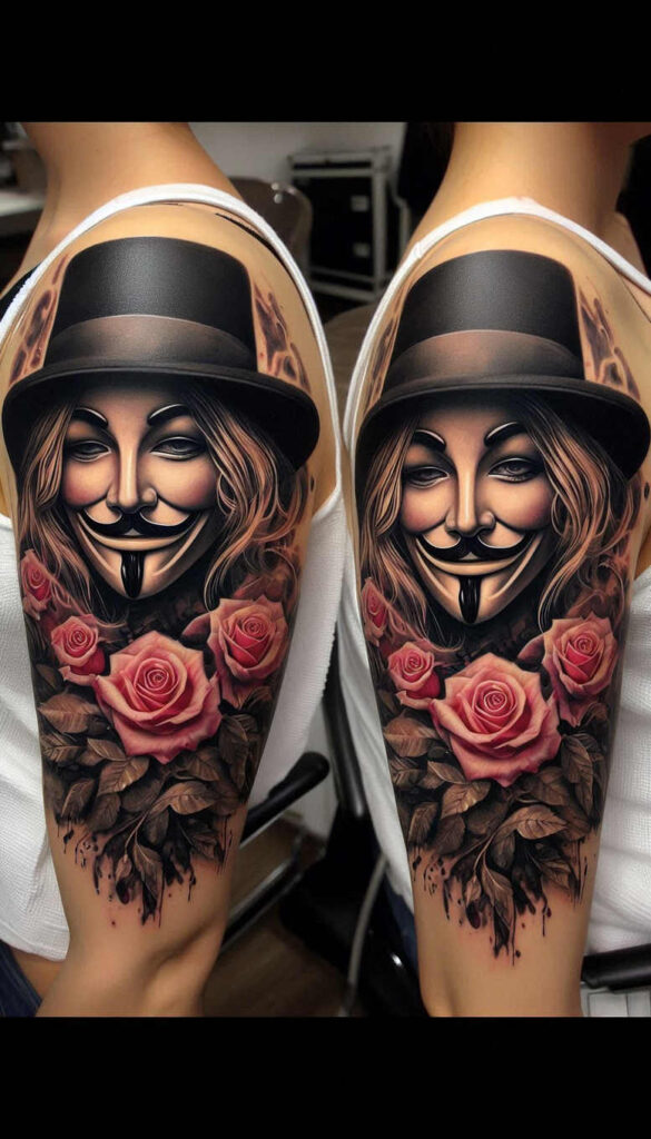 mask-in-motion – tattoo design ideas free ai generated – neotraditional-balanced-color – for-shin – Gallery: masks-inkby-ai