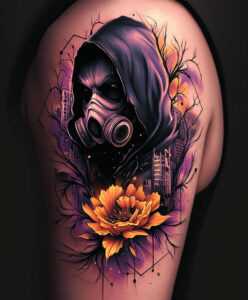 mask-tattoo – tattoo design ideas free ai generated – neotraditional-saturated-hues – for-lower-back – Gallery: masks-inkby-ai