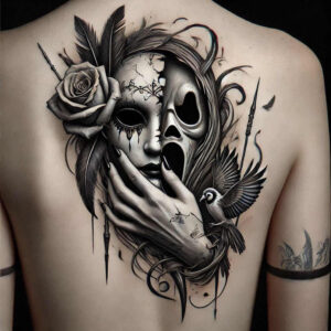 protection-symbol-mask – tattoo design ideas free ai generated – realism-contrast-ink – for-abdomen – Gallery: masks-inkby-ai