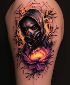 shadow-and-light-mask – tattoo design ideas free ai generated – neotraditional-vintage-influence – for-outer-arm – Gallery: masks-inkby-ai