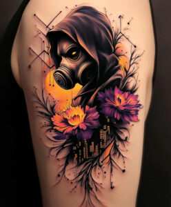 shadowed-mask – tattoo design ideas free ai generated – surrealism-displaced-objects – for-scapula – Gallery: masks-inkby-ai