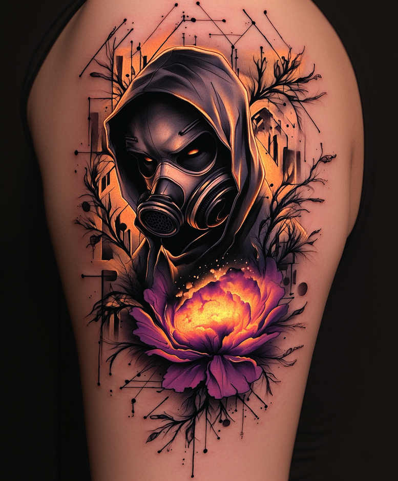 masks tattoo design ideas Surrealism hallucinogenic bold lines for outer arm