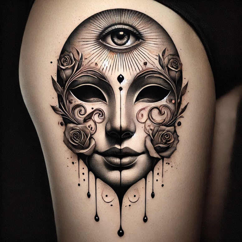 masks tattoo design ideas Surrealism distorted reality mythical for hip