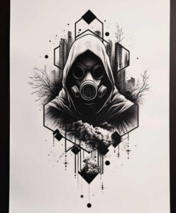 theatrical-mask – tattoo design ideas free ai generated – neotraditional-solid-blacks – for-behind-ear – Gallery: masks-inkby-ai