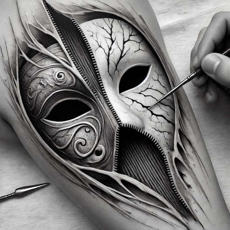 tribal-style-mask – tattoo design ideas free ai generated – realism-subtle-saturation – for-temple – Gallery: masks-inkby-ai