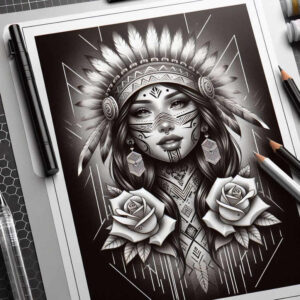 native-american-women tattoo design ideas classic composition detailed hair for stomach