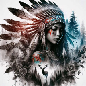 native-american-women tattoo design ideas dynamic linework detailed shading shows determination