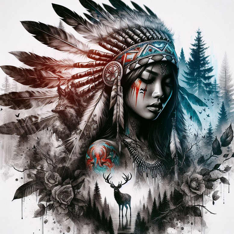native-american-women tattoo design ideas dynamic linework detailed shading shows determination