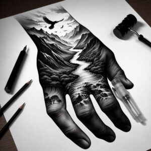 waterfall-tattoo – tattoo design ideas free ai generated – neotraditional-layered-fill – for-full-back – Gallery: nature-inkby-ai