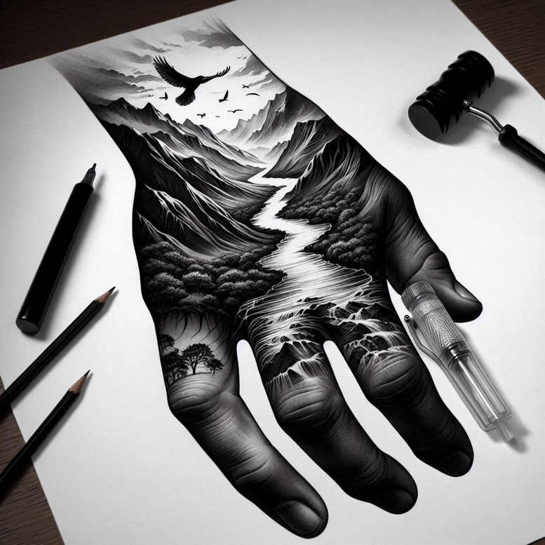 waterfall-tattoo – tattoo design ideas free ai generated – neotraditional-layered-fill – for-full-back – Gallery: nature-inkby-ai