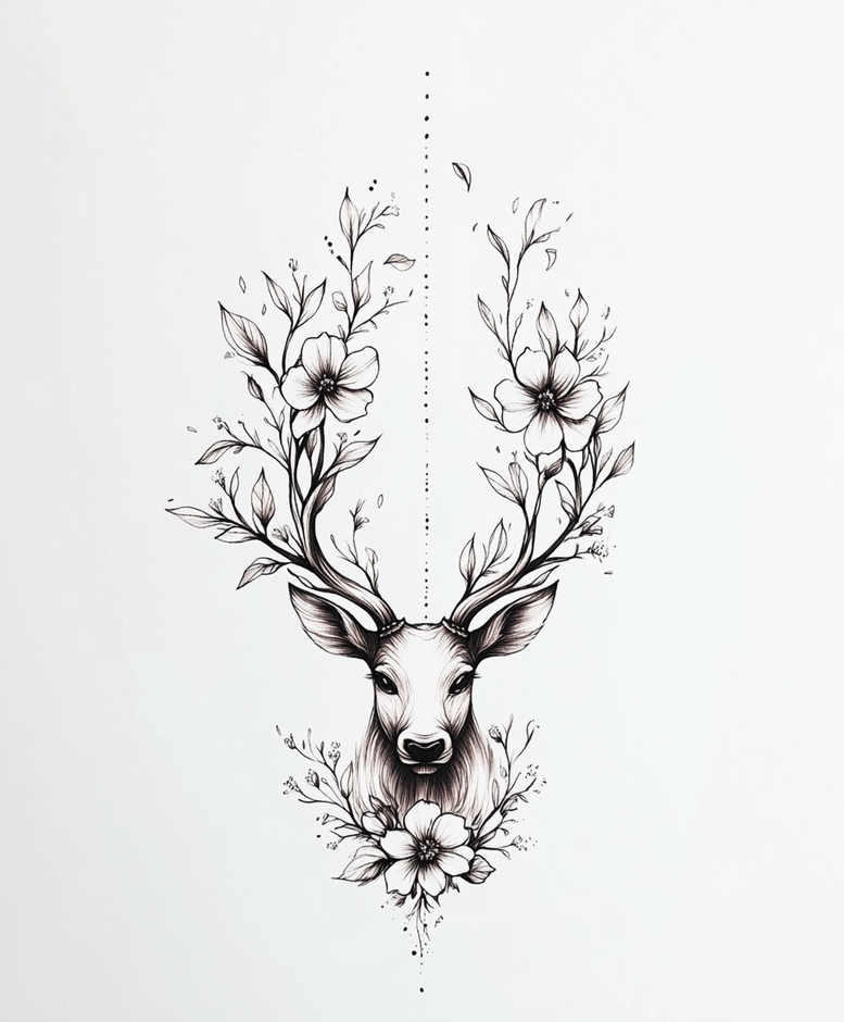 Deer head in black and grey with branching floral antlers, delicate leaves, and a central dotted line; a black and grey tattoo design project, not intended for cover-up.