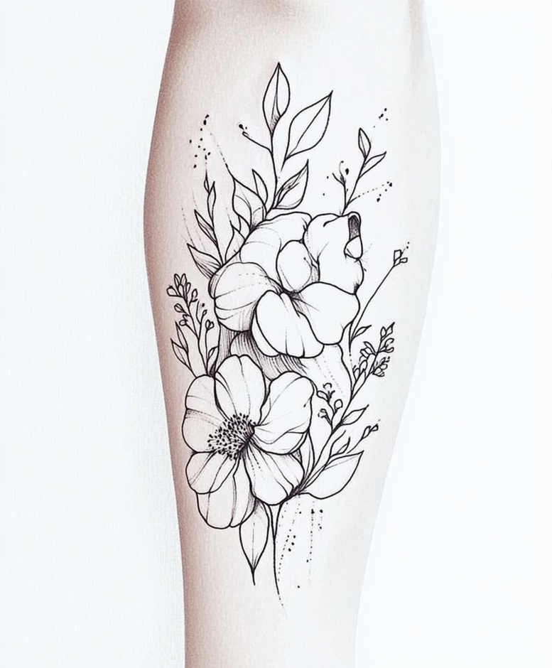 Black and grey fine line tattoo on forearm featuring blossoms and leaves; project idea.