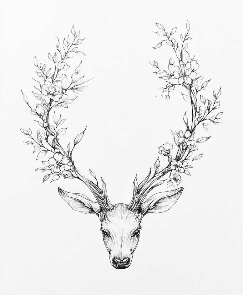 Deer head, antlers, branches, blossoms, and leaves; black and grey fine-line tattoo concept; project idea.