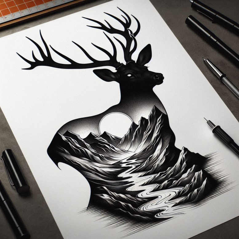 Black and grey deer silhouette with mountain range, river, and circular sun; project concept; suitable for cover-up.