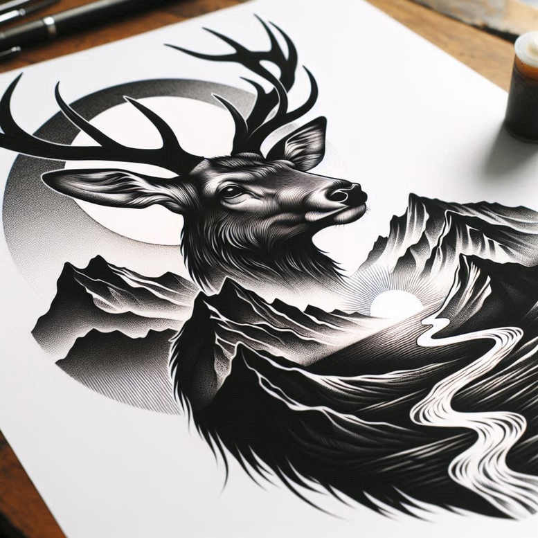 Deer head with antlers above a dark mountain range and sun circle; black and grey tattoo design, cover-up ready.
