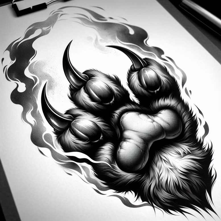 Hand with horns and claws in black and grey, surrounded by flames and fur; AI-generated tattoo project; cover-up ready.