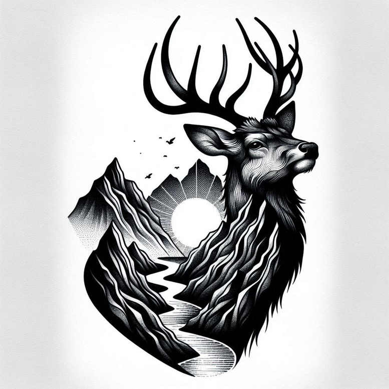 Black and grey stag head tattoo design with mountains, sun, river, and birds; project idea; cover-up suitable.
