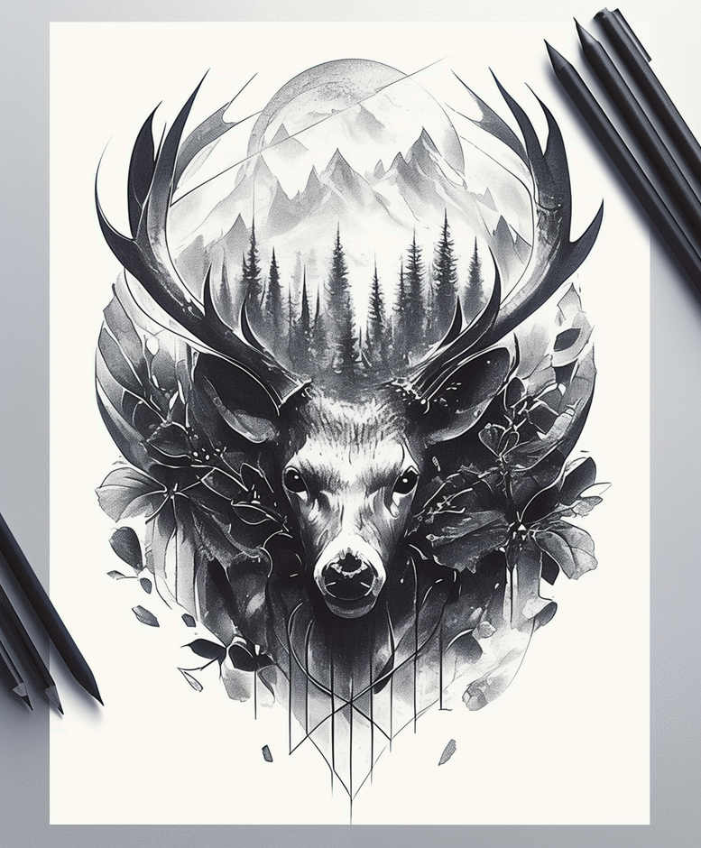 Black and grey deer head with antlers, forest and mountains inside a circle, leaves around, and geometric lines; a project suitable for cover-up.