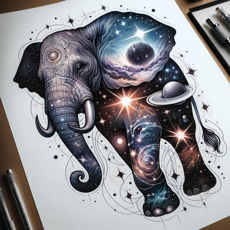 Elephant silhouette filled with galaxy pattern; stars; planet with rings; swirling accents; AI-generated tattoo project; not a cover-up.