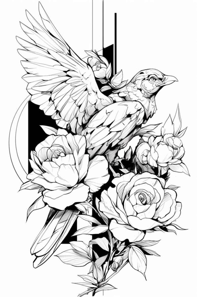 Bird in flight with roses and leaves in black and grey line art; tattoo project idea; not for cover-up.