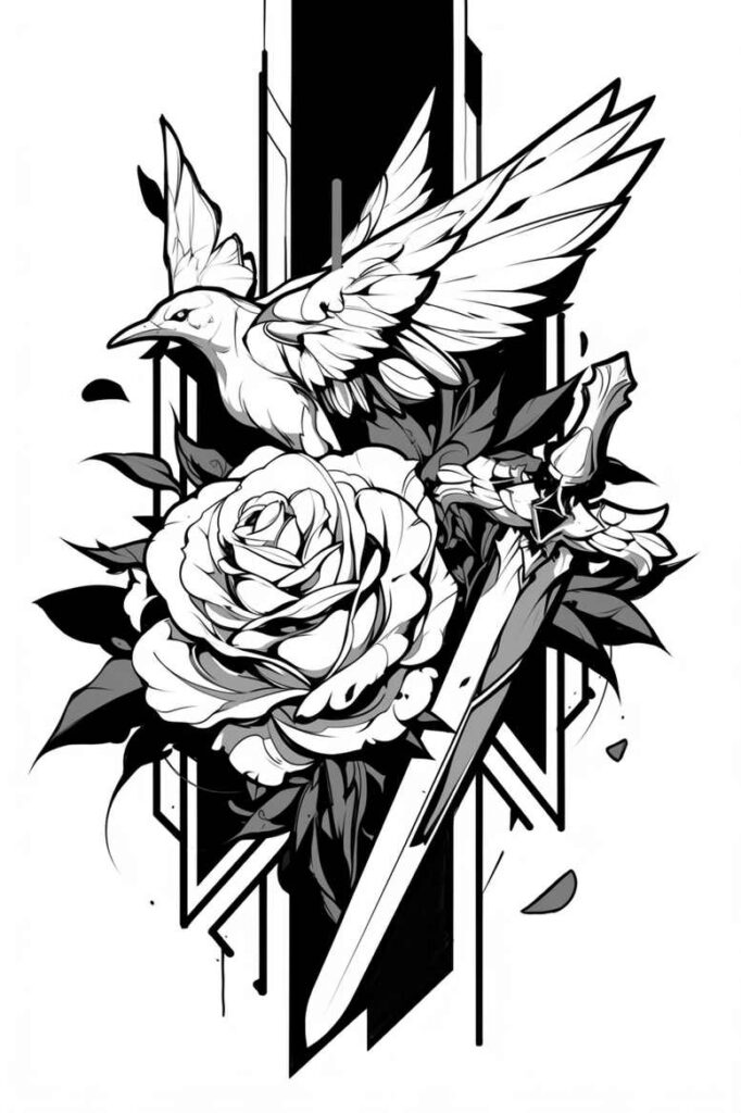 Bird, rose, dagger, and leaf in black and grey linework; cover-up tattoo project.