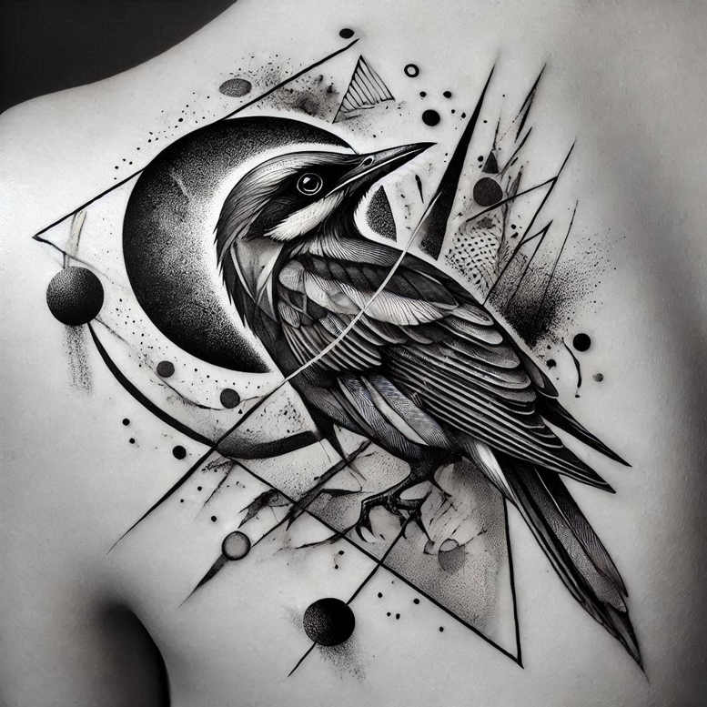 Black and grey crow tattoo design perched on a geometric crescent moon with circles and lines; a cover-up-ready concept in fine line style.