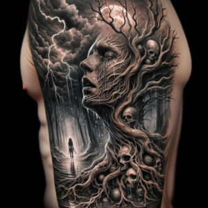 dark-abstraction-tattoo – tattoo design ideas free ai generated – neotraditional-smooth-gradients – for-chest – Gallery: other-dark-inkby-ai