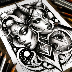 dark-abstraction-tattoo – tattoo design ideas free ai generated – surrealism-phantasmagoria – for-lower-leg – Gallery: other-dark-inkby-ai