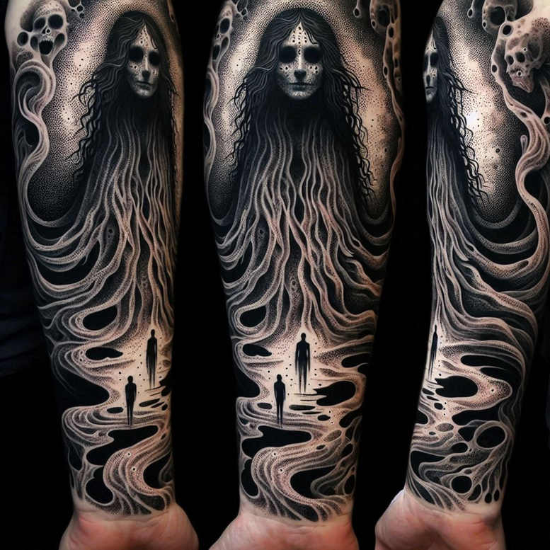 dark-atmosphere-tattoo – tattoo design ideas free ai generated – neotraditional-layered-fill – for-temple – Gallery: other-dark-inkby-ai