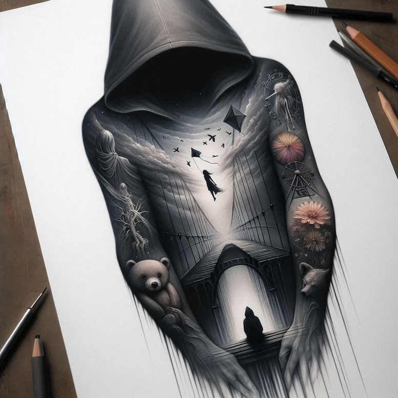 dark-sensory-tattoo – tattoo design ideas free ai generated – neotraditional-enhanced-shading – for-biceps – Gallery: other-dark-inkby-ai