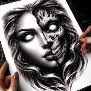 dark-shadow-and-light-tattoo – tattoo design ideas free ai generated – surrealism-ethereal-glow – for-upper-thigh – Gallery: other-dark-inkby-ai