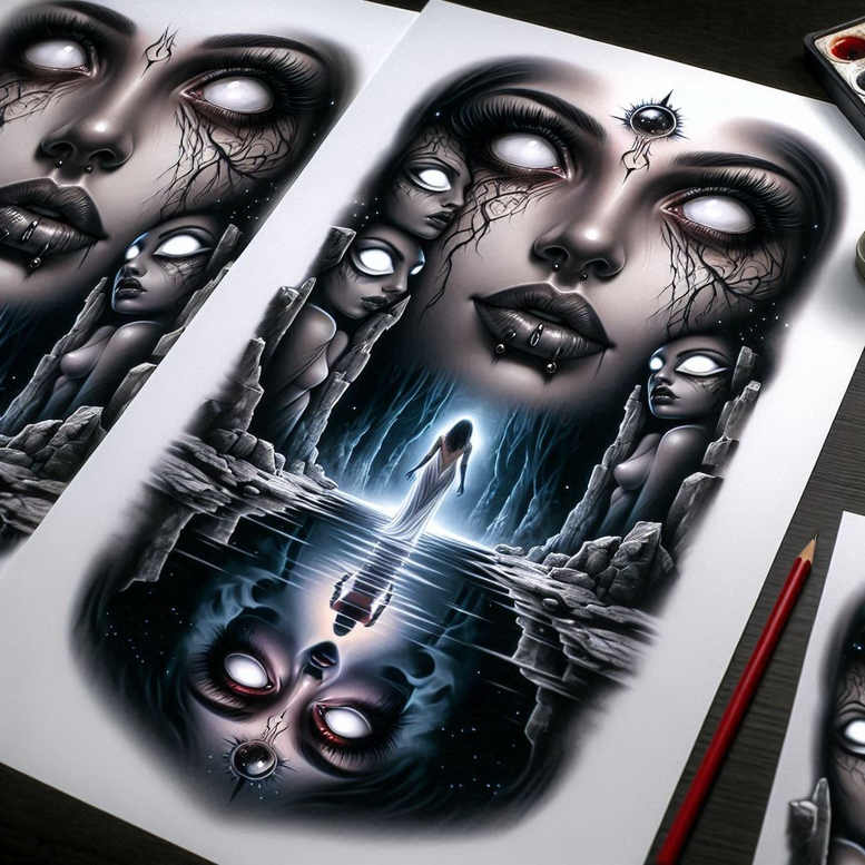 gothic-tattoo – tattoo design ideas free ai generated – surrealism-chromatic-aberration – for-calf – Gallery: other-dark-inkby-ai