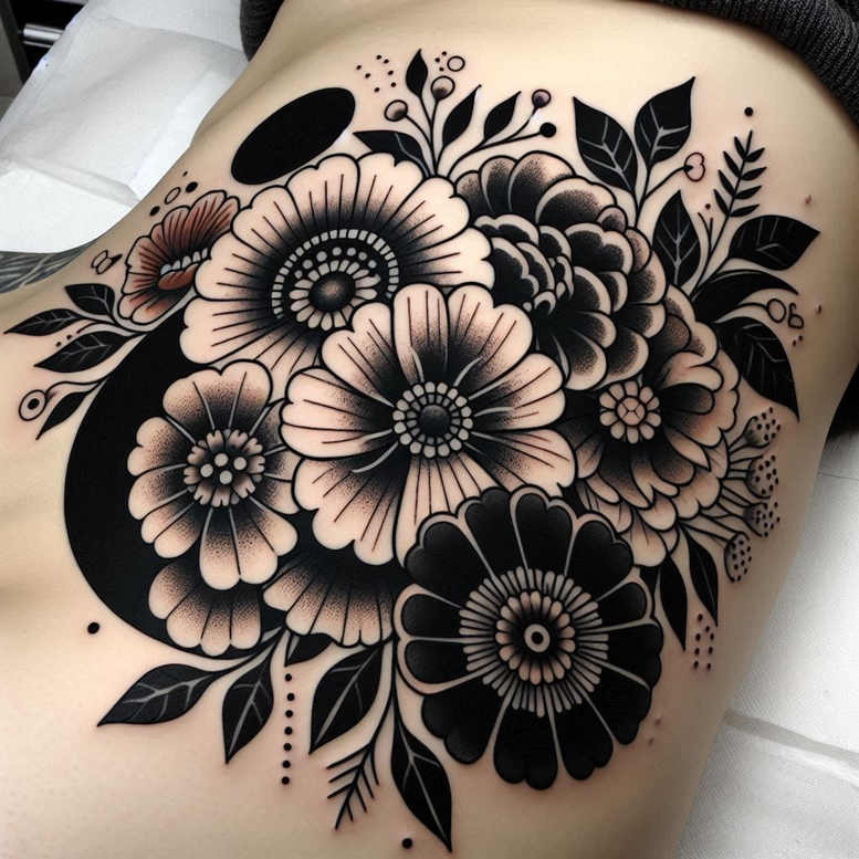 flowers – tattoo design ideas free ai generated – neotraditional-color-richness – for-back-shoulder – Gallery: other-flowers-inkby-ai