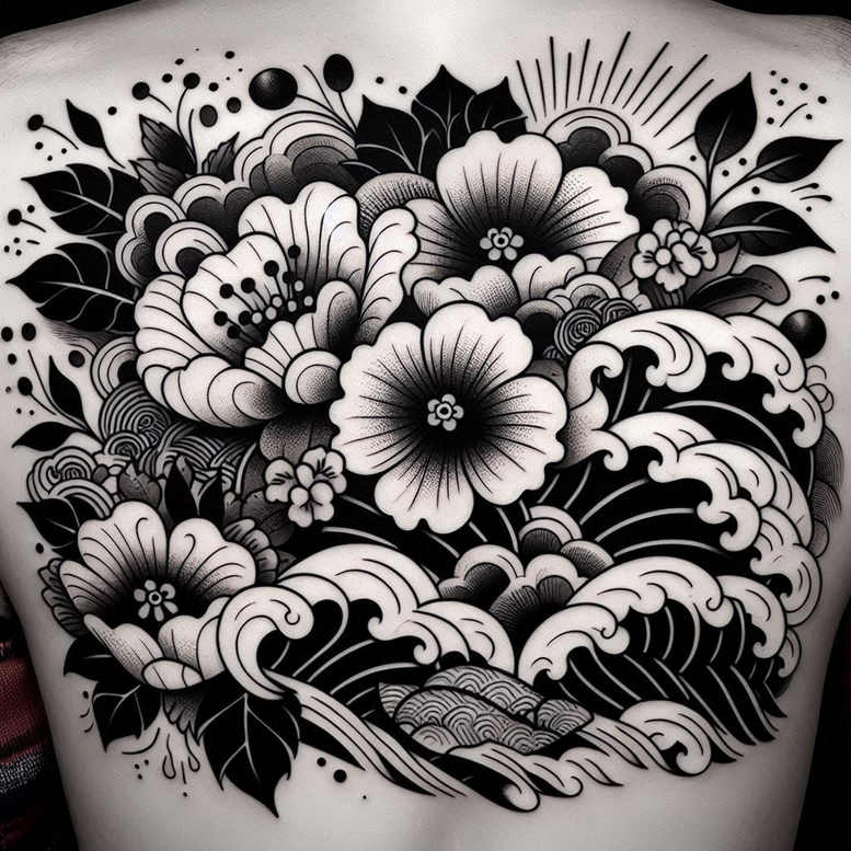 flowers-with-shading – tattoo design ideas free ai generated – neotraditional-soft-shadows – for-upper-shoulder – Gallery: other-flowers-inkby-ai