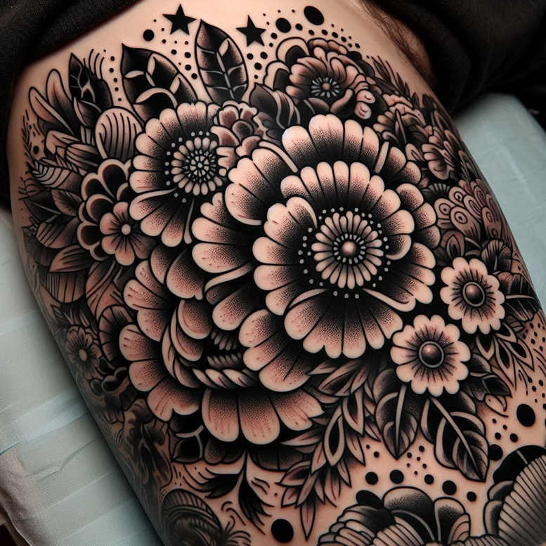 flowers-with-shading – tattoo design ideas free ai generated – realism-smooth-blackwork – for-heel – Gallery: other-flowers-inkby-ai