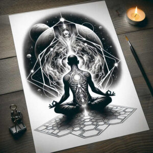 dotwork – tattoo design ideas free ai generated – surrealism-floating-elements – for-lower-leg – Gallery: other-religions-inkby-ai