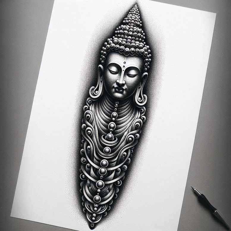micro-line – tattoo design ideas free ai generated – surrealism-melting-forms – for-upper-thigh – Gallery: other-religions-inkby-ai