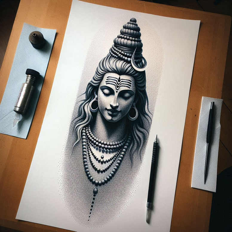 monochrome – tattoo design ideas free ai generated – neotraditional-layered-fill – for-lower-thigh – Gallery: other-religions-inkby-ai