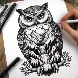 fine-line-owl-tattoo-surrealism-ambiguous-space-for-calf – tattoo design ideas free ai generated – Gallery: owls-inkby-ai