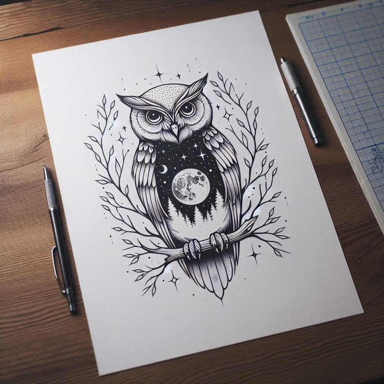 owls tattoo design ideas Realism dynamic shadows light and shadow for shin