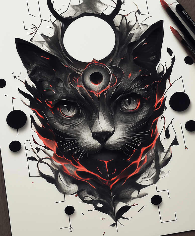 Cat head in black and grey with red ember cracks; ring on the forehead; geometric lines and circular shapes on white background; AI-generated tattoo project concept; cover-up suitable.