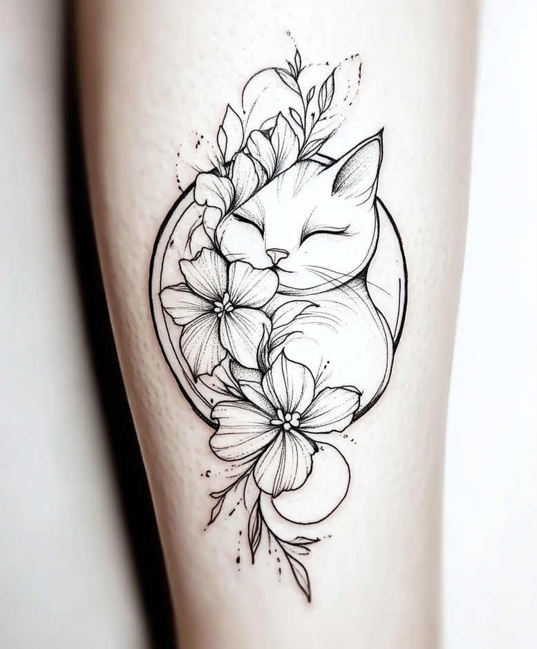 Cat with blossoms and leaves inside a circle, black and grey linework; tattoo project idea; not a cover-up.