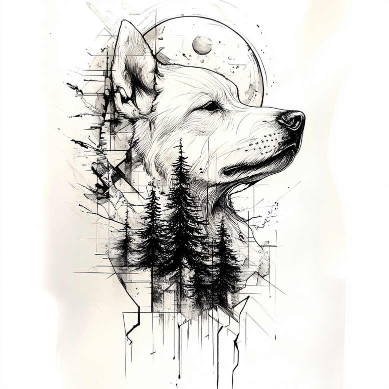 Black and grey dog head with pine trees, a moon circle, and geometric lines; project, suitable for cover-up.