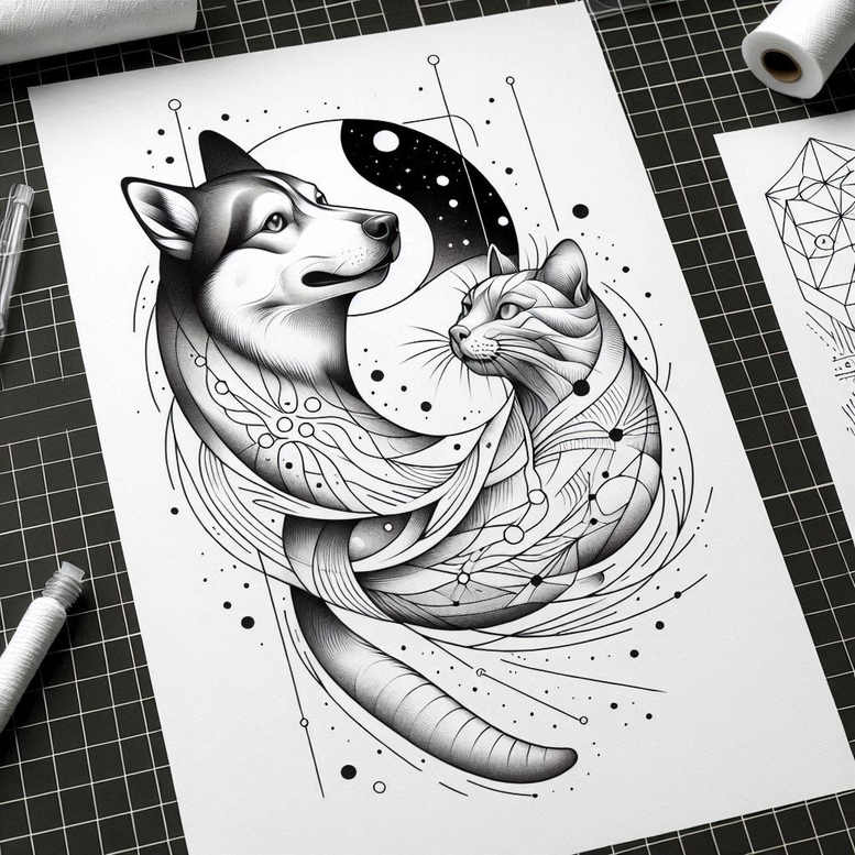 Dog and cat in black and grey circle motif; tattoo design concept with fine line pattern details.