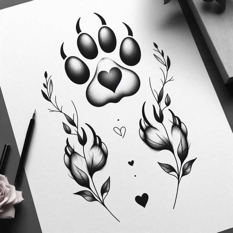 Black and grey paw print with heart center, surrounded by branches and leaves, with small hearts and dots; project idea, not a final piece; not specifically for cover-up.