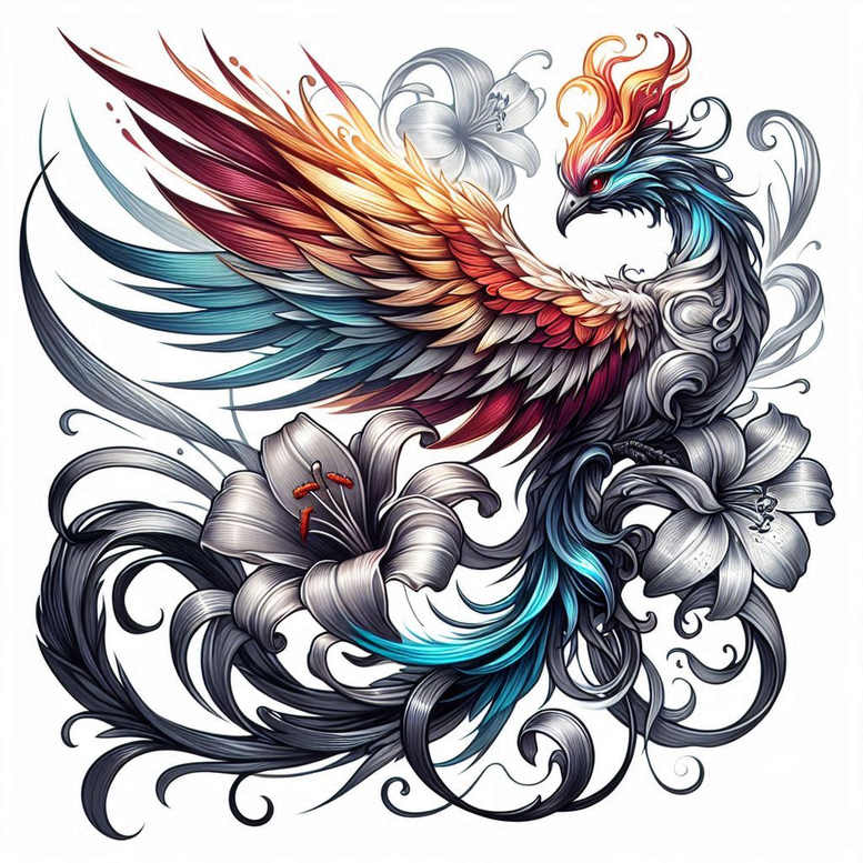 phoenix-and-symbolism – tattoo design ideas free ai generated – surrealism-translucent-layers – for-hip – Gallery: phoenix-inkby-ai