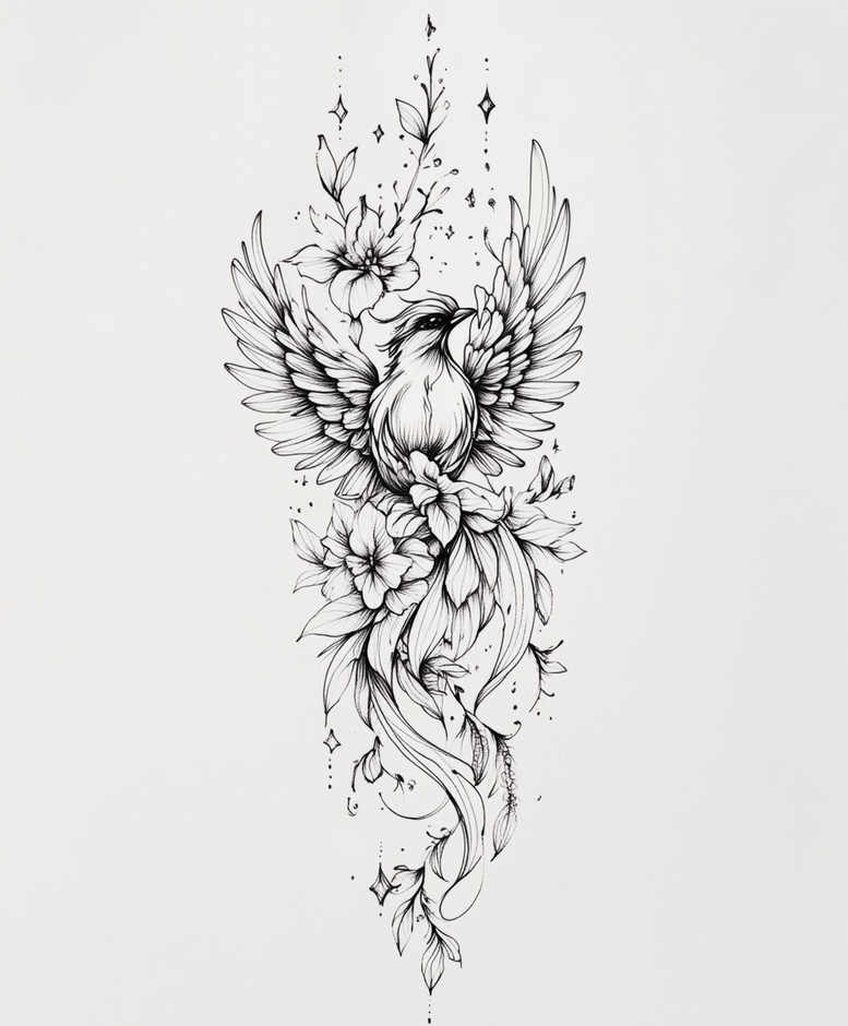 phoenix-fine-line-style – tattoo design ideas free ai generated – realism-true-to-life – for-stomach – Gallery: phoenix-inkby-ai