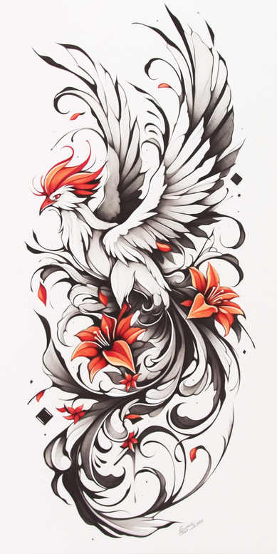 phoenix-symbol-of-eternity – tattoo design ideas free ai generated – neotraditional-balanced-tones – for-lower-back – Gallery: phoenix-inkby-ai