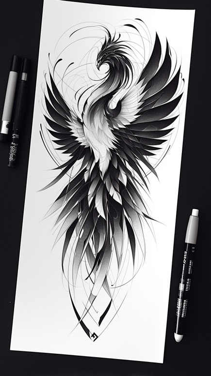 phoenix-with-3d-effect – tattoo design ideas free ai generated – surrealism-melting-forms – for-arm – Gallery: phoenix-inkby-ai